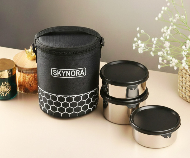 SKYNORA Stainless Steel Lunch Box Leak-Proof 3 Containers 1200 ml Black tiffin box 3 Containers Stainless Steel Office Lunch Box(1200 ml)