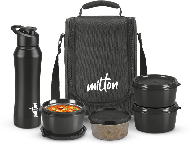 MILTON Food Fiesta 3 Microwave Safe Inner Steel & 1 Plastic Containers; Bottle With Bag 4 Containers Stainless Steel, Plastic Office Lunch Box(1990 ml)