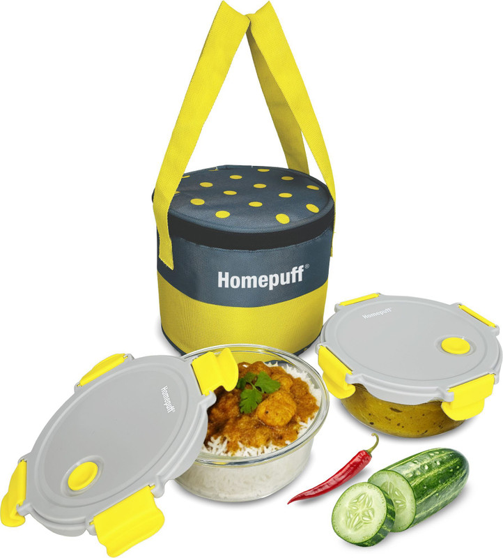 Home Puff H30 Borosilicate Glass, Microwavable, AirVent Lid with Premium Carry Bag 4 Containers Glass Office Lunch Box(1600 ml)