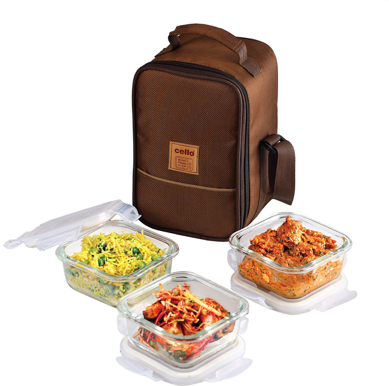 cello MF Glassy Seal O Fresh Square Borosilicate 3 Containers Glass Office Lunch Box(320 ml)