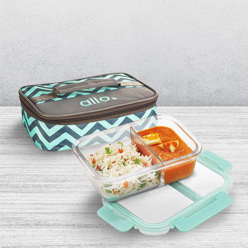 Allo FoodSafe Glass Lunch Box,Microwave Safe Tiffin with Chevron Mint Lunch Bag, 1 Containers Glass Office Lunch Box(1000 ml)