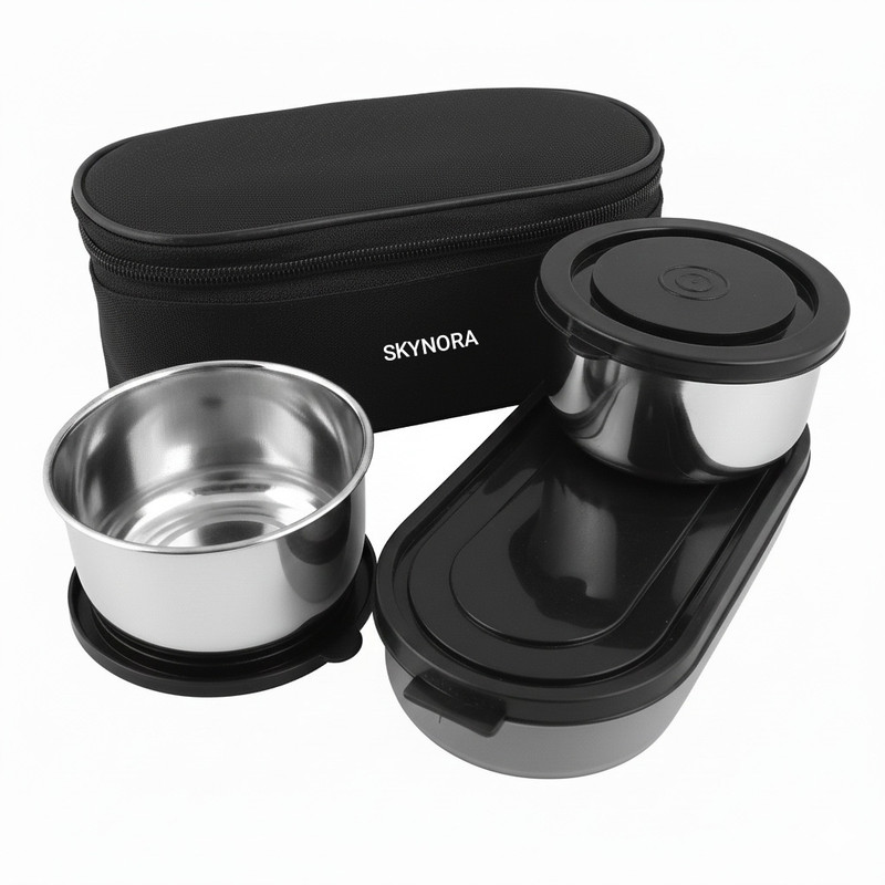 SKYNORA Stainless Steel Lunch Box Leak-Proof 3 Containers 300mlx2 |400mlx1Oval Black 3 Containers Stainless Steel School Lunch Box(1000 ml)