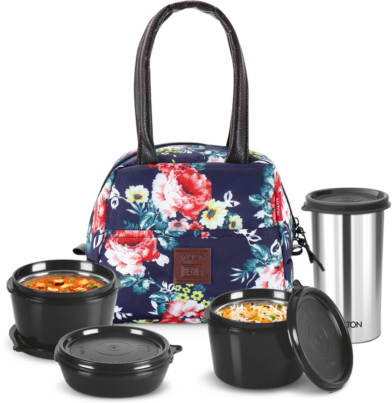 MILTON Floret Tiffin (NAVY BLUE) 3 Containers Stainless Steel, Plastic Office Lunch Box(1200 ml)