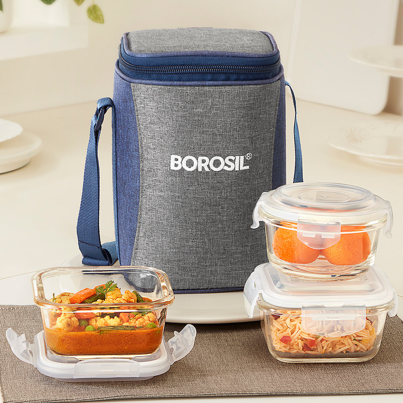 BOROSIL Alora Borosilicate Glass Lunchbox, 3pc Set (320ml x 2 + 240ml x 1) Office Tiffin 3 Containers Glass Office Lunch Box(880 ml)