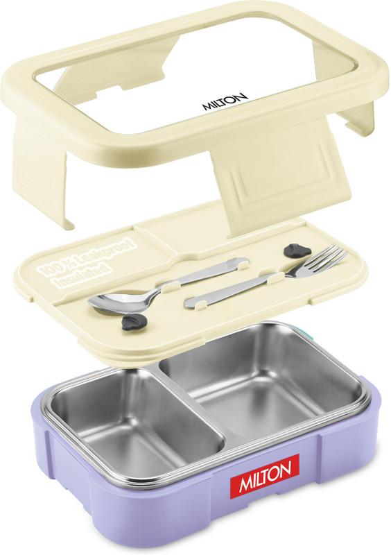 MILTON Ethan 2 Inner Stainless Steel Tiffin Box, 2 Partition, Leak-Proof, 650 ml, Beige 2 Containers Stainless Steel School Lunch Box(650 ml)