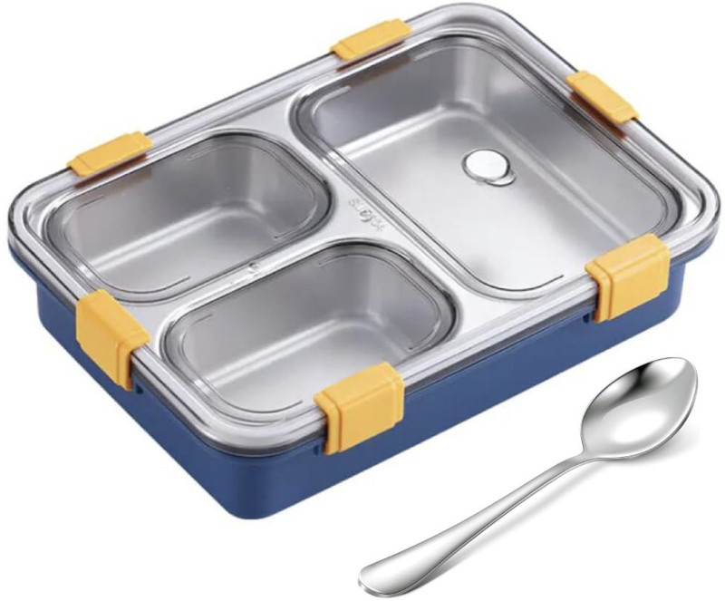 QUAPRO Lunch Box 3 Compartment Leakproof, Stainless Steel, With Spoon + Chopstick 3 Containers Plastic, Stainless Steel Office Lunch Box(750 ml)