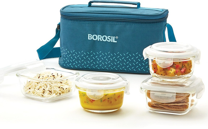 BOROSIL Teal Universal Bag, 4 Pc (320ml x 2 Square + 240ml x 2 Round) Office Tiifin 4 Containers Glass Office Lunch Box(1120 ml)