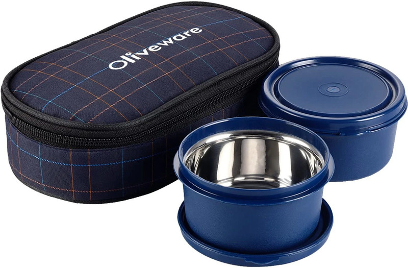 Oliveware Deniz Lunch Box | 2 Stainless Steel Containers | Insulated Fabric Bag 2 Containers Stainless Steel Office Lunch Box(900 ml, Microwave Safe)