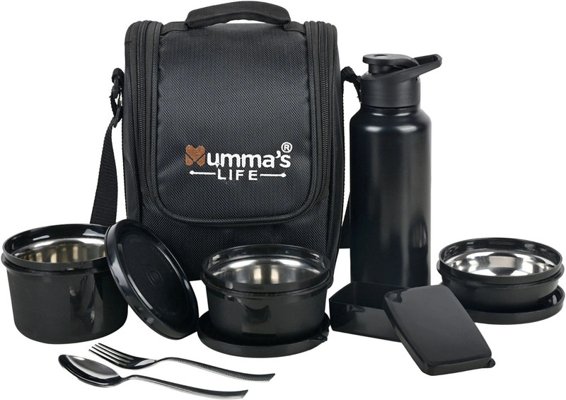 Mumma's LIFE Stainless Steel Lunch Box with 130ml Pickle Box, Spoon&Fork 250ML, 400ML & 600ML 4 Containers Stainless Steel School Lunch Box(2130 ml)