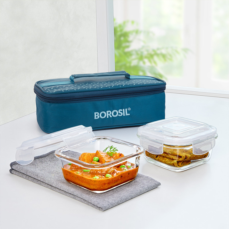 BOROSIL Teal Lunch Box with Bag, 2pc (320 ml x 2 Square), Horizontal Glass Office Tiifin 2 Containers Glass Office Lunch Box(320 ml)