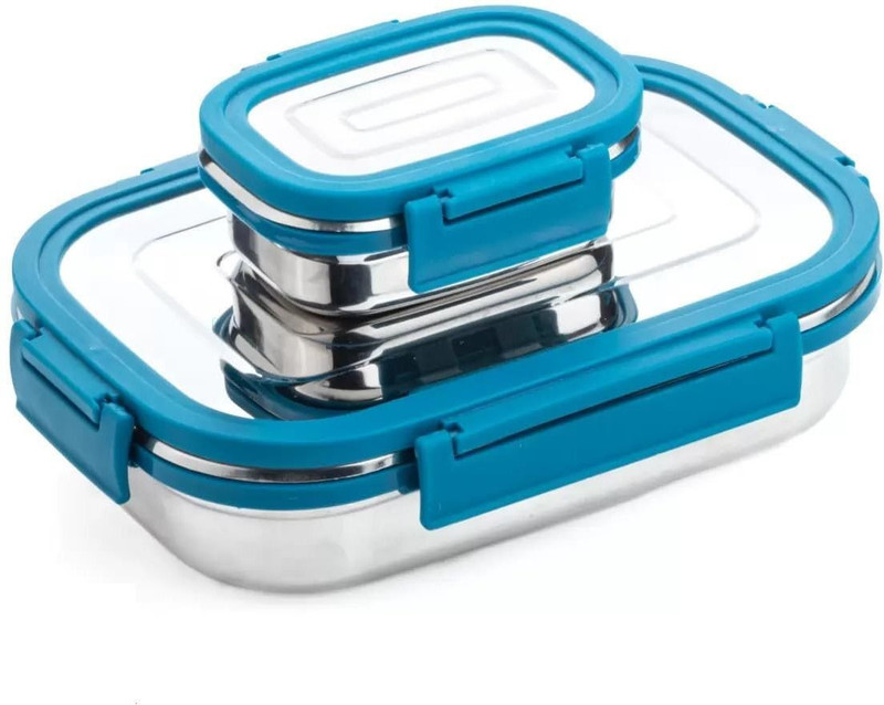 BLLUEX Craze Stainless Steel Tiffin Lunch Box Container/Dabba with 4 Side Clip Lock Lid 2 Containers Stainless Steel School Lunch Box(1000 ml)