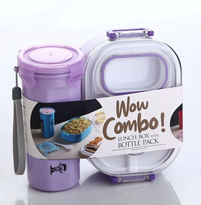 Nurah Combo Lunch+Bottle Set 3 Containers Plastic School Lunch Box(800 ml)
