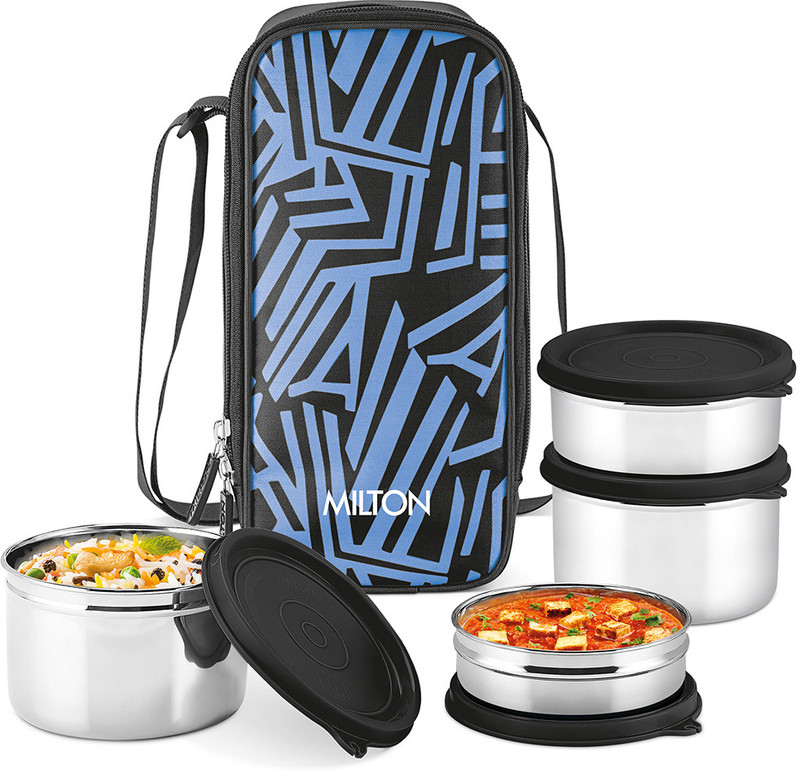MILTON Stack Pack 4 Stainless Steel Lunch Box (2 X 350 + 2 X 500 ml containers), Black 4 Containers Stainless Steel Office Lunch Box(1700 ml)
