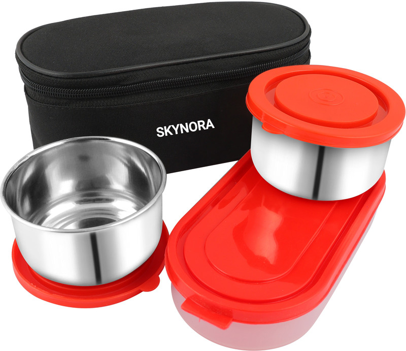 SKYNORA Executive 3 Containers Red Lunch Box Stainless Steel Tiffin Box Plastic tray 3 Containers Stainless Steel School Lunch Box(1020 ml)