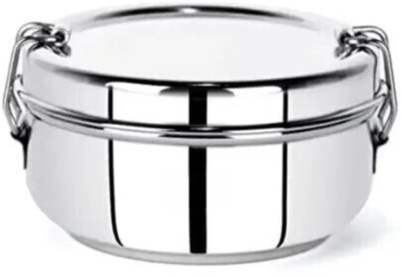 Bola ROUND SIZE STAINLESS STEEL LUNCHBOX WITH SEPERATE PARTITION PLATE & LOCKING CLIP 2 Containers Stainless Steel College Lunch Box(300 ml)