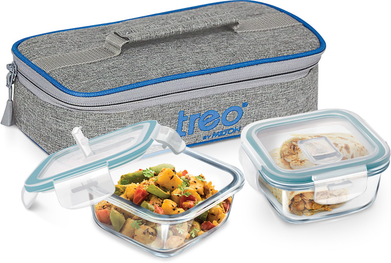 TREO All Fresh Square Tiffin 2 Containers of 400 ml Each with Jacket | Microwave Safe 2 Containers Glass Office Lunch Box(320 ml)