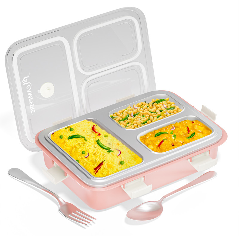 Rahodu Stainless Steel 3 Compartment 900 ml Pink Lunch Box with Spoon for Kids &Adults 3 Containers Stainless Steel School Lunch Box(900 ml)