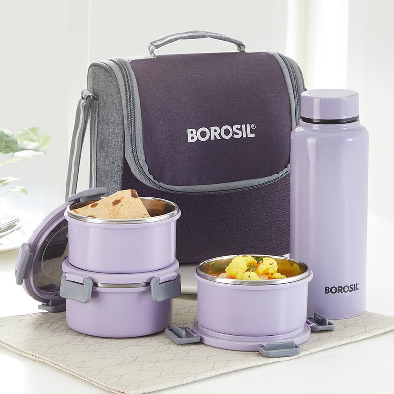 BOROSIL Glory Lavender Microwavable Lunchbox, 3pc (280ml Each) + 1 (600ml) Glass Bottle 3 Containers Stainless Steel College Lunch Box(1440 ml)