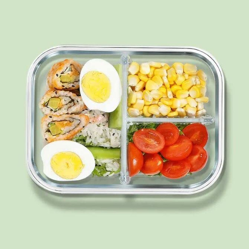 Adhunyk 3 Compartment Rectangular Storage Glass Lunch Box with Leak Proo 3 Containers Glass Office Lunch Box(1000 ml)