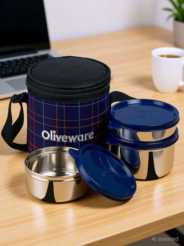 Oliveware Bliss Lunch Box | Stainless Steel Containers| Leak Proof | Easy to Carry 3 Containers Stainless Steel Office Lunch Box(1350 ml)