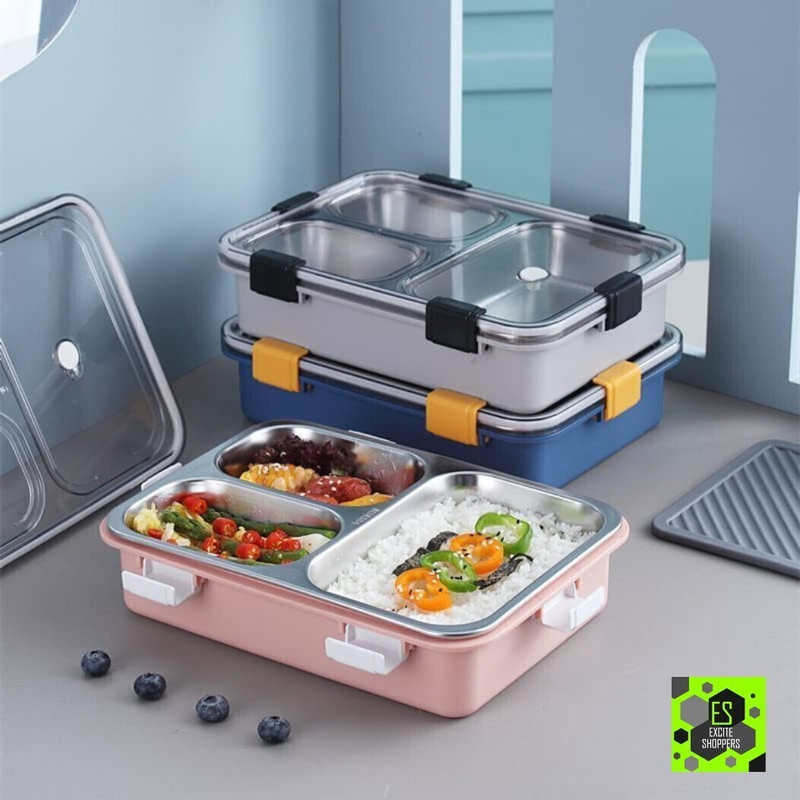 Muktbhav Leak Proof 3 Compartment Stainless Steel Lunch Boxes with Removable Inner Plate 3 Containers Stainless Steel Office Lunch Box(750 ml)