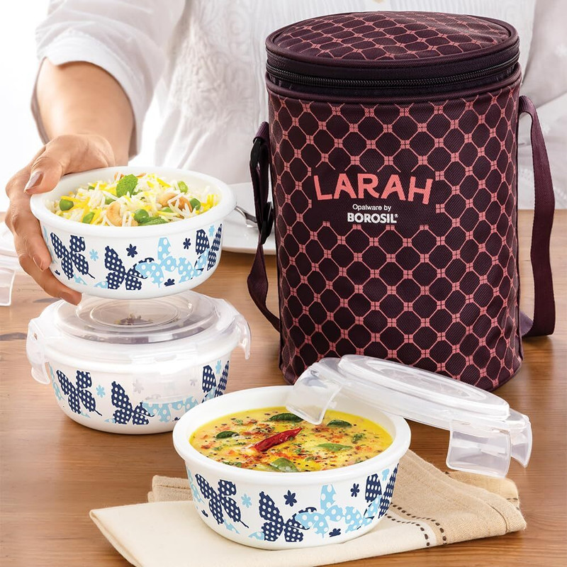 Larah by Borosil Geo Blue Opalware with Bag, Unisex for Office, School 3 Containers Opalware Office Lunch Box(400 ml)
