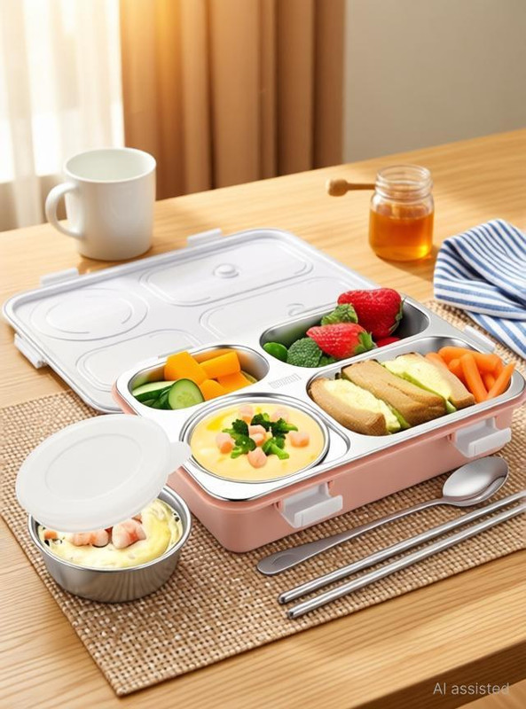 shopviashipping 4 Compartment 1000ml pink 4 Containers Plastic, Stainless Steel Office Lunch Box(1000 ml)