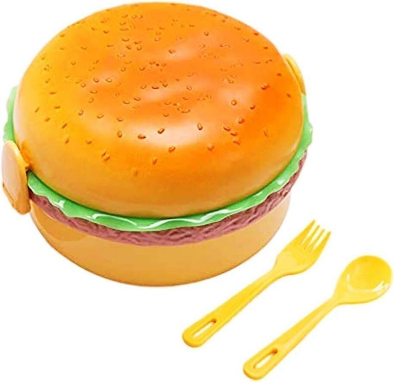 PERIZONE Plastic Burger Shaped Lunch Box for Kids - School Tiffin Box with Spoon 2 Containers Plastic School Lunch Box(300 ml)