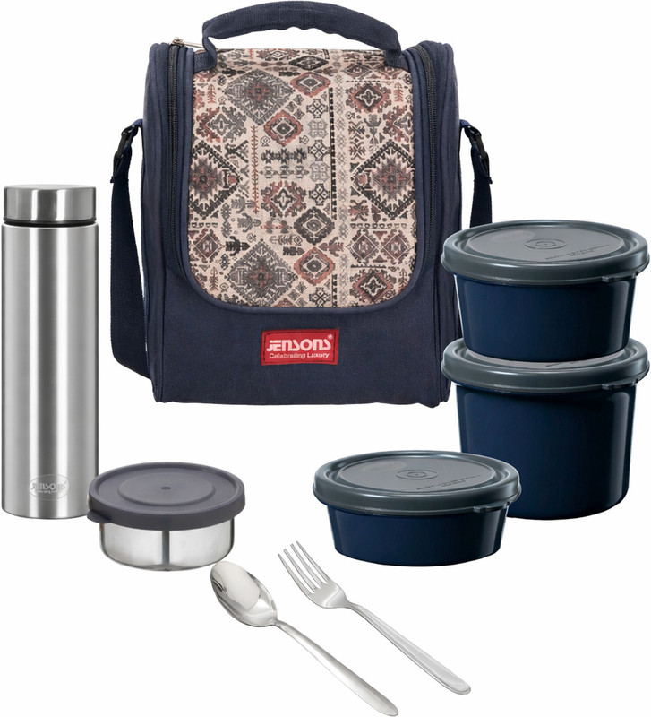 Jensons Premium Microwave Safe Set of 5, Lunch Box Comes with Steel Cutlery with Bottle 4 Containers Stainless Steel, Brass Office Lunch Box(1550 ml, Microwave Safe)