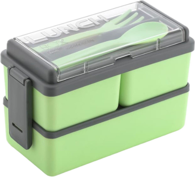 DDecora Compartment Grey Color with Spoon and Fork Office School 3 Containers Plastic School Lunch Box(1500 ml)