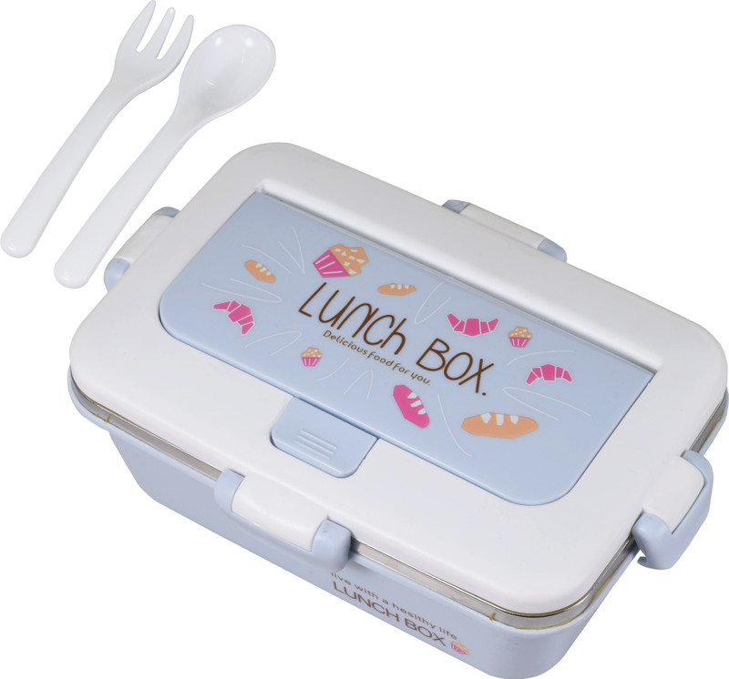 WISHKEY Stylish BPA Free Leak Proof Stainless Steel Single Compartment Blue Lunchbox with Separate Cutlery Compartment, for Adults & Kids 1 Containers Plastic Office Lunch Box(500 ml)