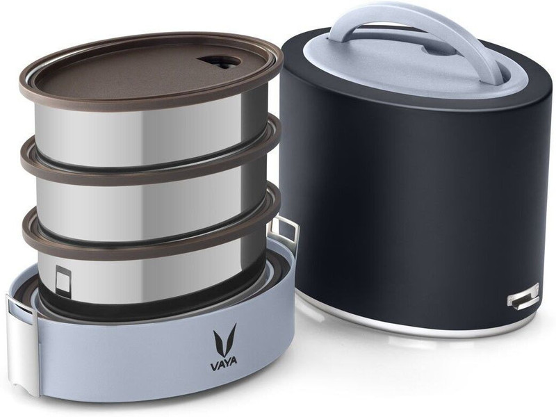 Vaya TYFFYN Black Polished Without Bagmat, 3 Containers Stainless Steel Office Lunch Box(1000 ml)