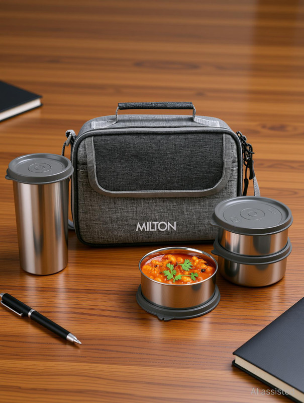 MILTON Daily Meal Lunch Box with Bag, 3 Containers 300 ml each & Tumbler 400 ml, Blue 3 Containers Stainless Steel Office Lunch Box(300 ml)