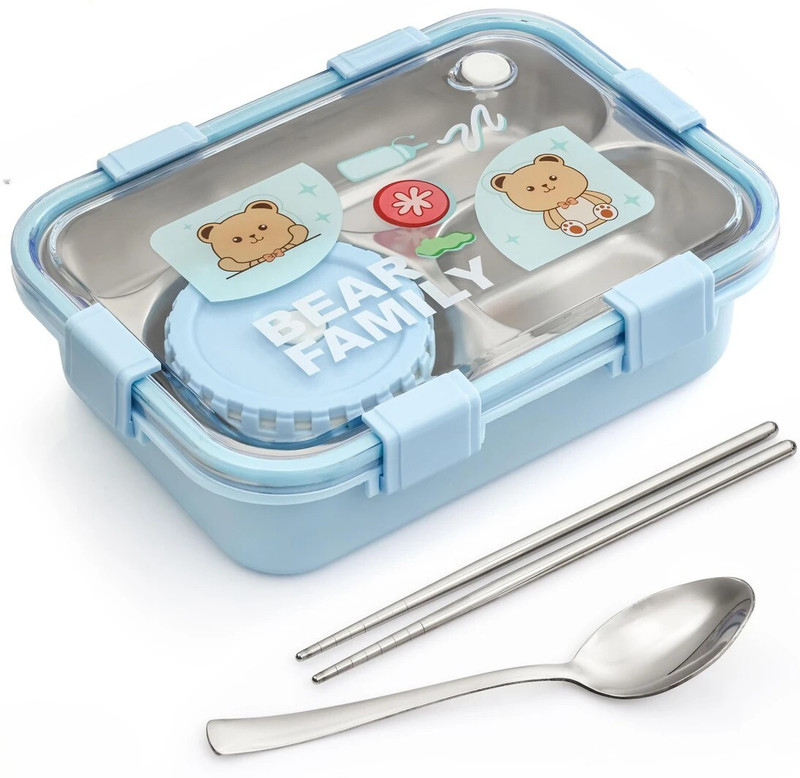 Kyllo Kawaii Bear Lunch Box Leakproof Bento for Kids with Spoon Chopsticks 3 Containers Stainless Steel, Plastic, Silicone School Lunch Box(750 ml)
