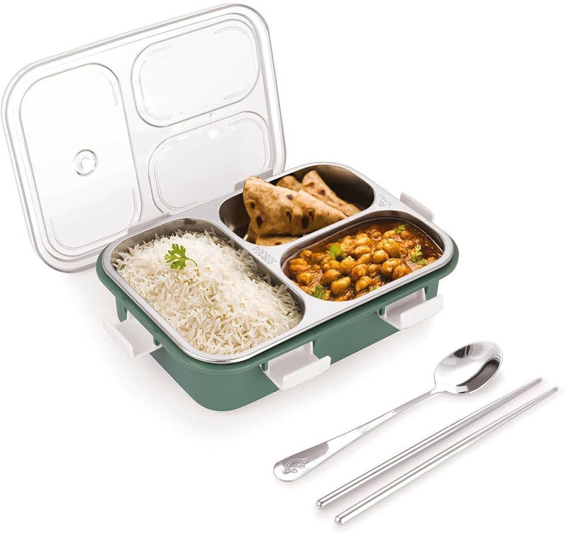 Aseenaa Deluxe Lunch Box With Inner Stainless Steel & Secure Lock For School & Outdoor 3 Containers Stainless Steel, Plastic School Lunch Box(750 ml)