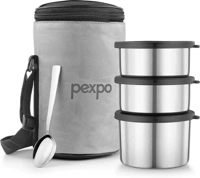 pexpo Stainless Steel 3 Container (2*280ml & 430ml) with 1 Spoon & Bag (Grey) Marvel, 3 Containers Stainless Steel Office Lunch Box(1200 ml)