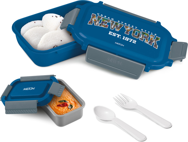 MILTON Super Sherry Tiffin Lunch Box with Leak-Proof Inner Container Spoon & Fork Blue 2 Containers Plastic School Lunch Box(780 ml)