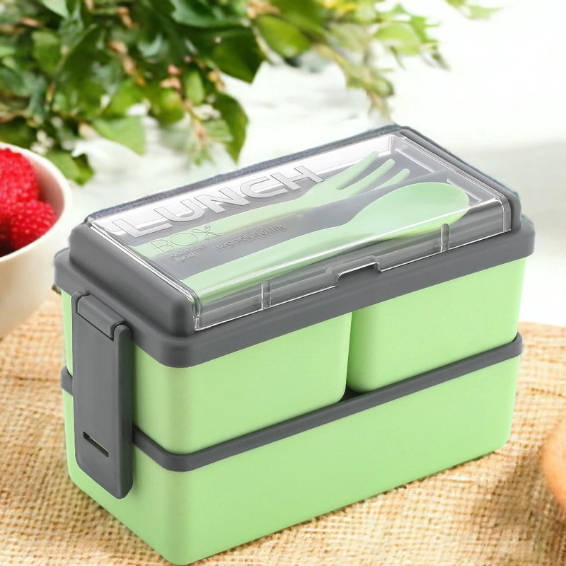 OMORTEX Rectangular Classy 3 Section Lunch Box With 1 Spoon & 1 Fork 3 Containers Plastic Office Lunch Box(1500 ml)