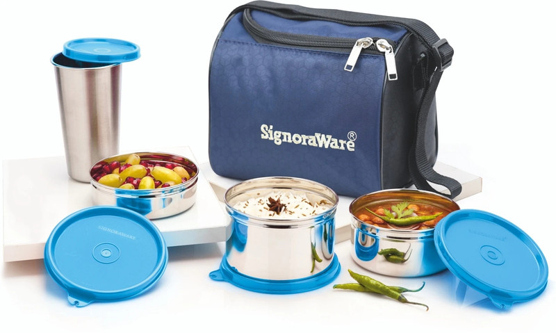 Signoraware Leakproof Stainless Steel Lunch Box with Bag Tumbler for Office School College 3 Containers Stainless Steel Office Lunch Box(1200 ml)