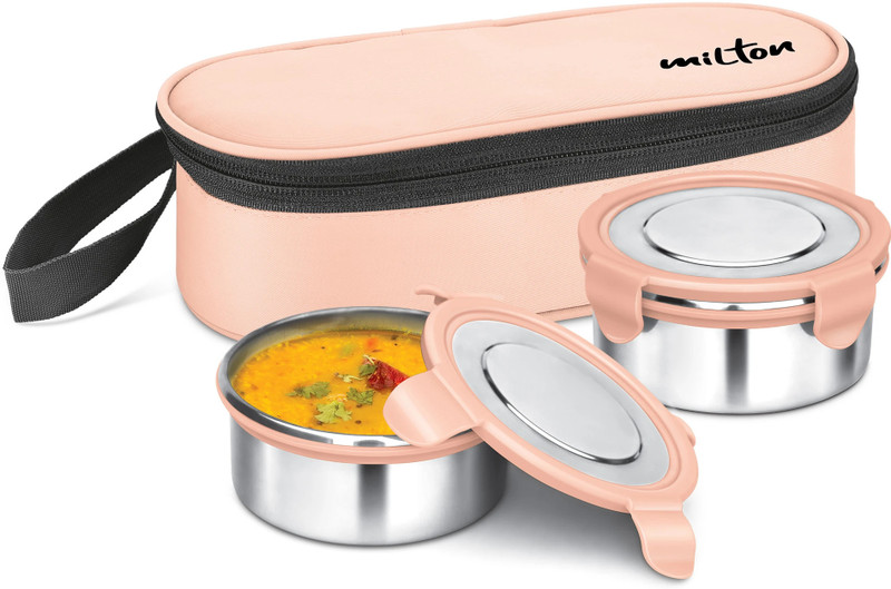 MILTON Express Meal Lunch Box 2 Inner Steel Click Lock Containers 380ml each With Bag 2 Containers Stainless Steel Office Lunch Box(380 ml)