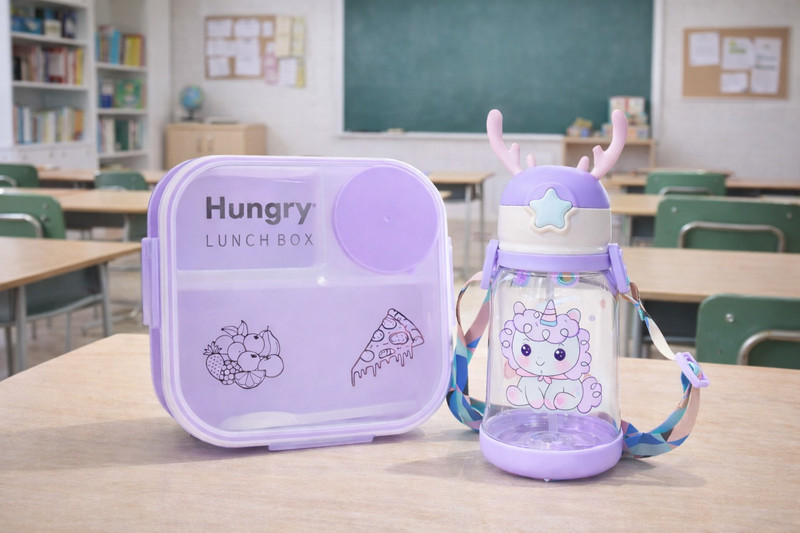 Henxhub Kids Lunch Box with Water Bottle Combo | BPA Free Lunch Box & Sipper Bottle 2 Containers Plastic School Lunch Box(800 ml)