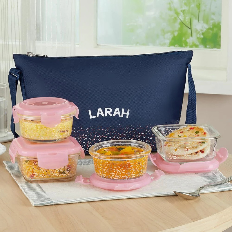 Larah Glassware Speckle Pink Daisy Borosilicate Glass Tiffin, (320ml x 2 + 240ml x 2) 4 Containers Glass Office Lunch Box(1120 ml)