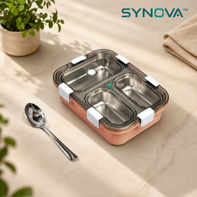 SYNOVA BABY PINK 3 Containers Stainless Steel School Lunch Box(750 ml, Microwave Safe)