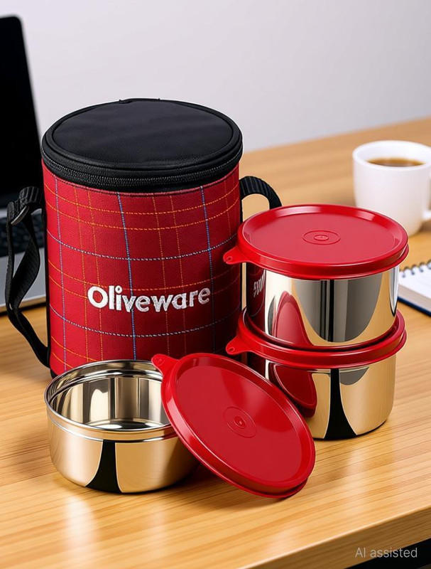 Oliveware Executive Lunch Box | Stainless Steel | Insulated Fabric Bag | Leak Proof 4 Containers Stainless Steel Office Lunch Box(1980 ml)