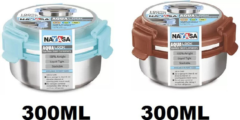 NAYASA aqua steel lock lunch box 300ml 2 pcs set multicolour 1 Containers Stainless Steel, Plastic Office Lunch Box(300 ml)