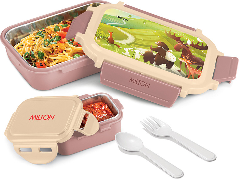 MILTON Sherry Steel Tiffin Lunch Box with inner Steel Container, Spoon & Fork, Pink 2 Containers Plastic School Lunch Box(520 ml)