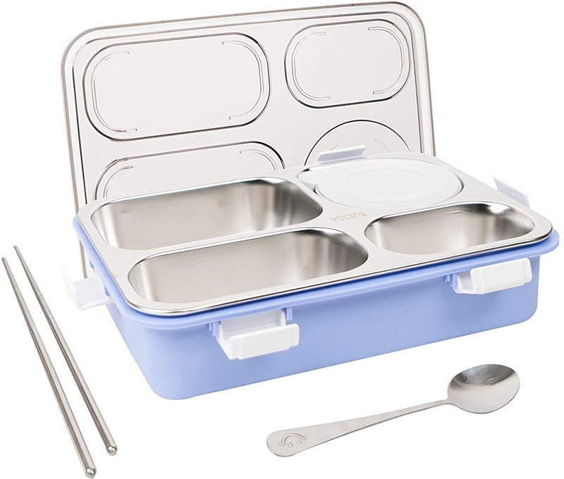 RBGIIT Adults Kids Perfect Size for Meal BPA-Free Food 4 Compartment Spoon Chopstick 4 Containers Stainless Steel School Lunch Box(1200 ml)