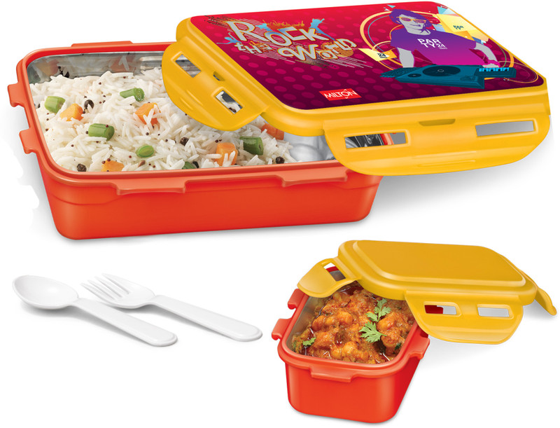 MILTON Mini Fun Treat Inner Stainless Steel Tiffin Box, 650 ml, Spoon and Fork, Red 2 Containers Stainless Steel, Polypropylene Office Lunch Box(650 ml)