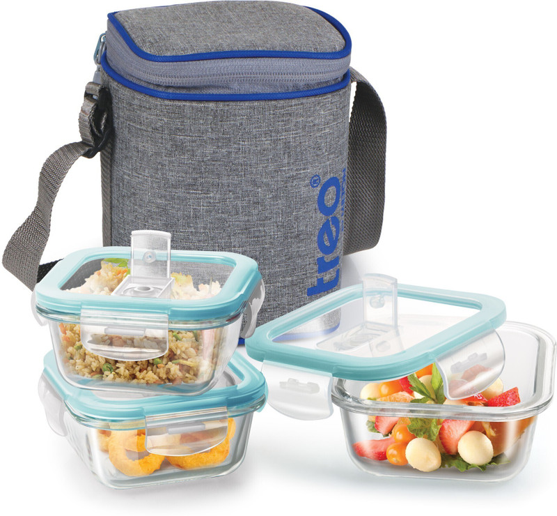 TREO All Fresh Square Glass Tiffin With Jacket, 3 Containers, 320 ml Each, Grey 3 Containers Glass Office Lunch Box(320 ml)