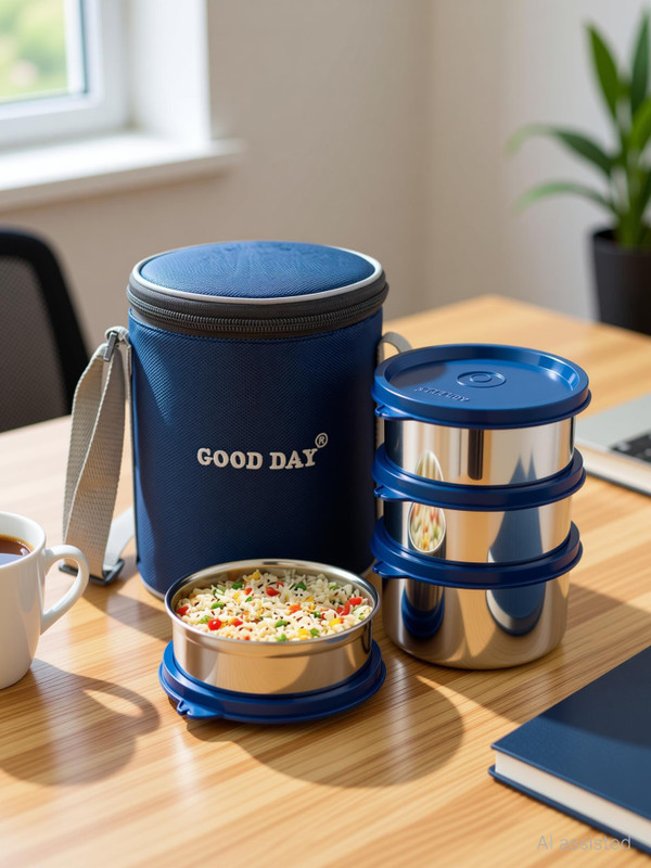 Good Day Perfect4pcs_Blue 4 Containers Stainless Steel Office Lunch Box(425 ml)